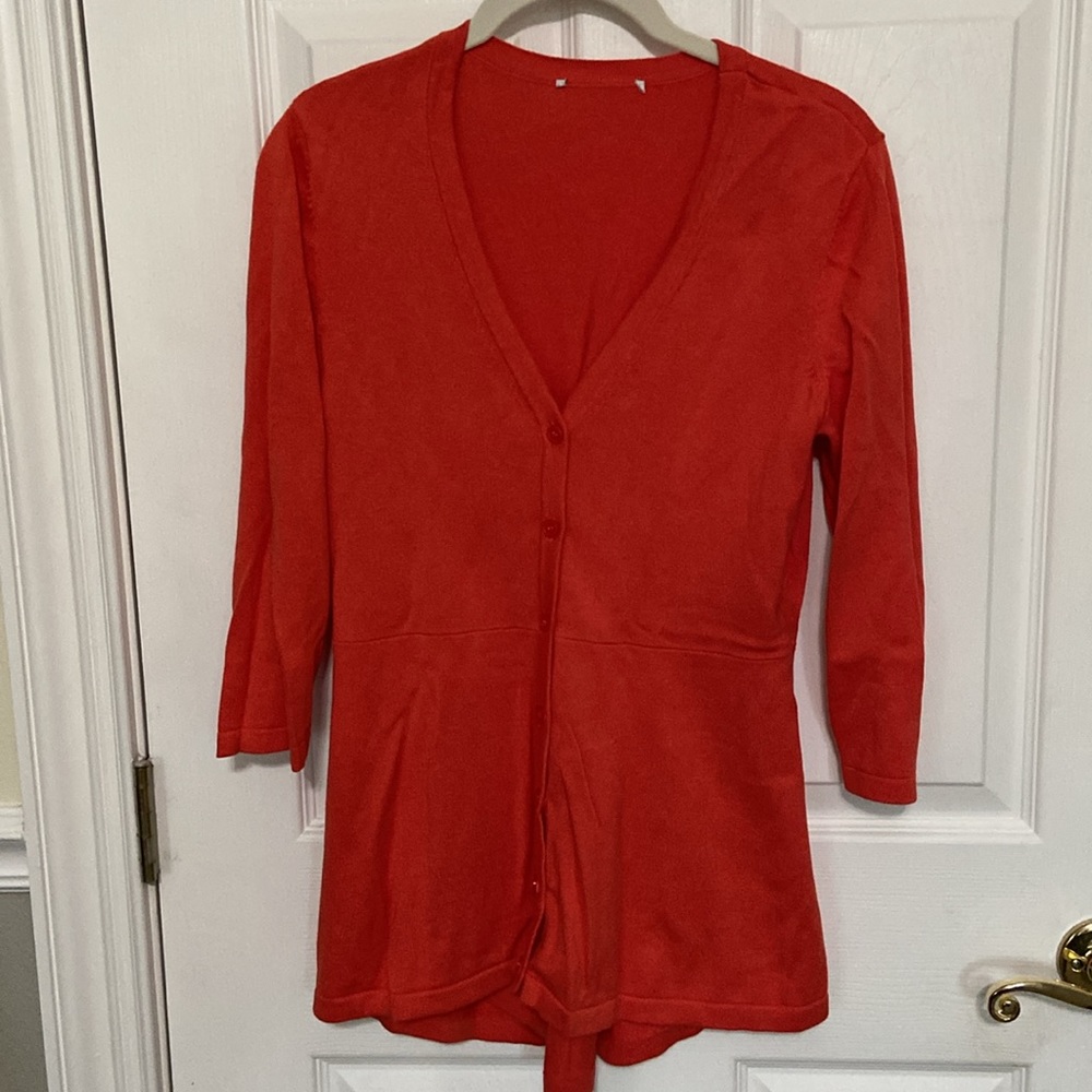 2 Isaac Mizrahi Sweaters - Coral Peplum, Coral Tie Dye Shrug Cardigan - Picture 6 of 16